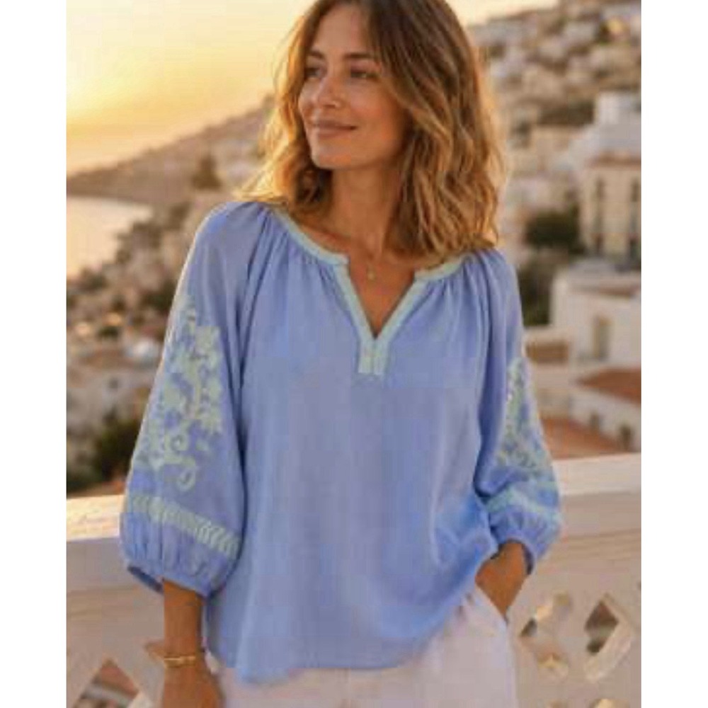 J. Jill M Peasant Blouse Blue w/ Aqua Embroidered Top Beachy Boho Linen Blend